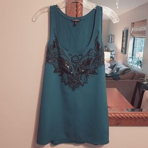 Express Teal Blue Black Beaded Dress Top Tank Sleeveless